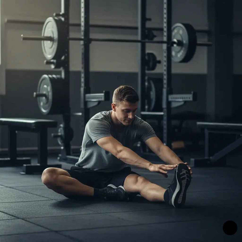 Athlete stretching on a gym floor before a squat session, illustrating mobility work for lower body performance.