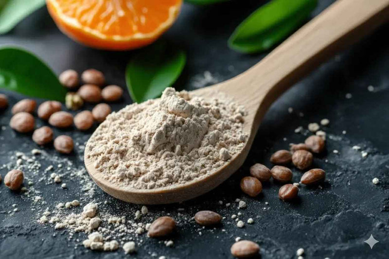 Scoop of protein powder surrounded by nuts and citrus, comparing plant protein and whey for muscle synthesis.