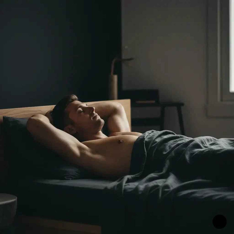 Athlete resting in a dark bedroom, illustrating the role of deep sleep in muscle recovery and anabolic growth.