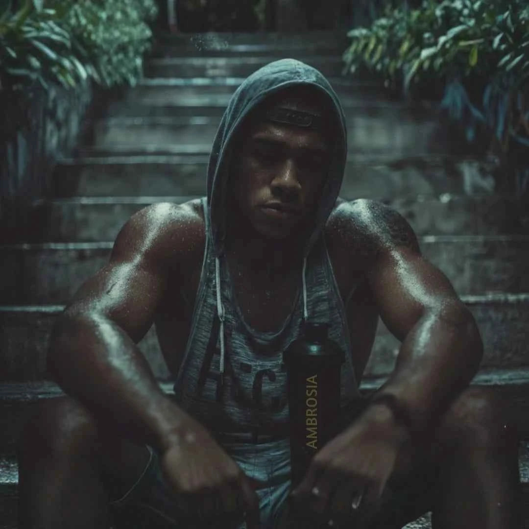 Sweating athlete resting on steps with an AMBROSIA shaker, embodying the resilience and Unbroken mindset of our manifesto.