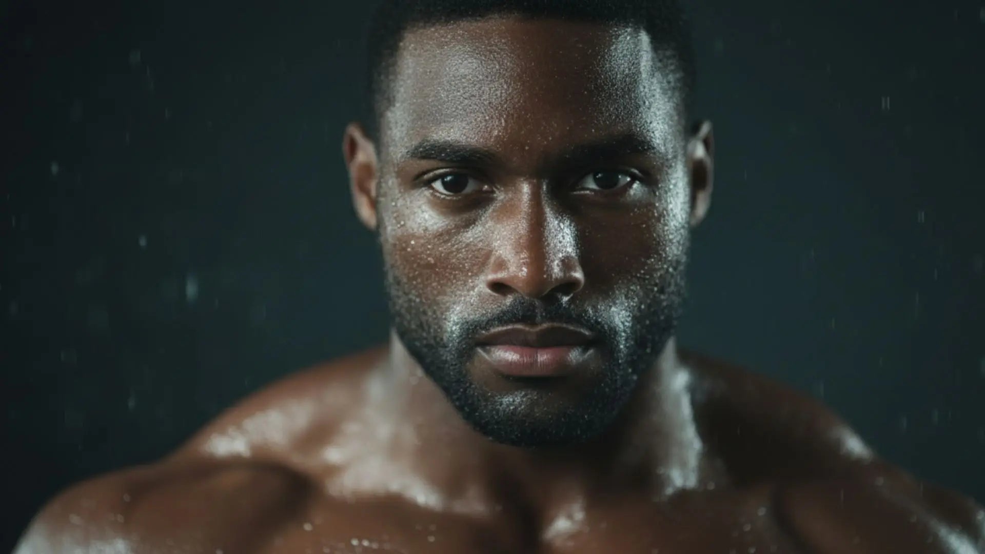Close-up portrait of a muscular, sweating athlete with intense focus, representing AMBROSIA premium fitness supplements.