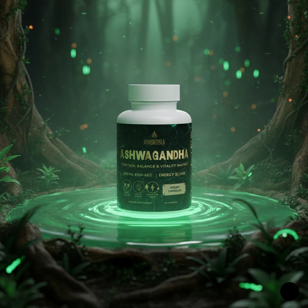 AMBROSIA Ashwagandha KSM-66 Vitality Matrix in a glowing forest setting. Premium supplement for cortisol balance and natural energy.