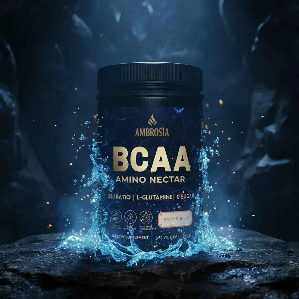 AMBROSIA BCAA Amino Nectar in Fruit Punch flavor surrounded by splashing water. Premium recovery supplement with 2:1:1 ratio and L-Glutamine