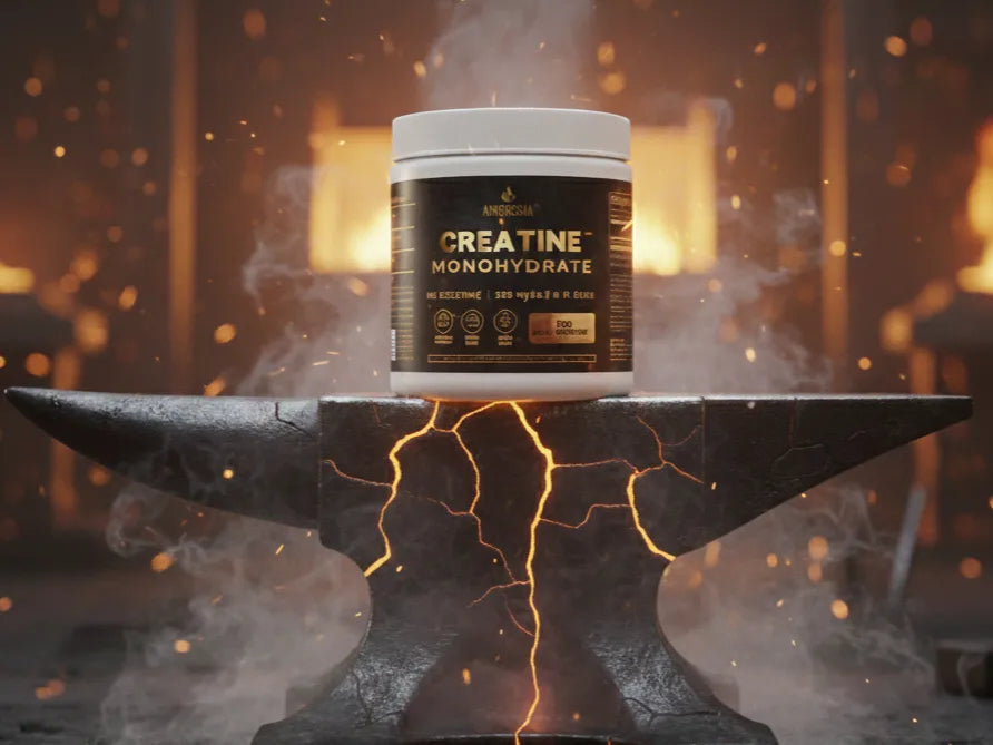 AMBROSIA Pure Creatine Monohydrate forged on an anvil. Premium supplement for explosive strength and muscle growth.