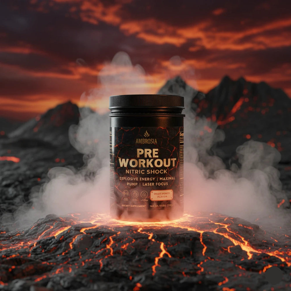 AMBROSIA Nitric Shock Pre-Workout resting on glowing volcanic lava. Premium supplement for explosive energy, intense pump, and laser focus.
