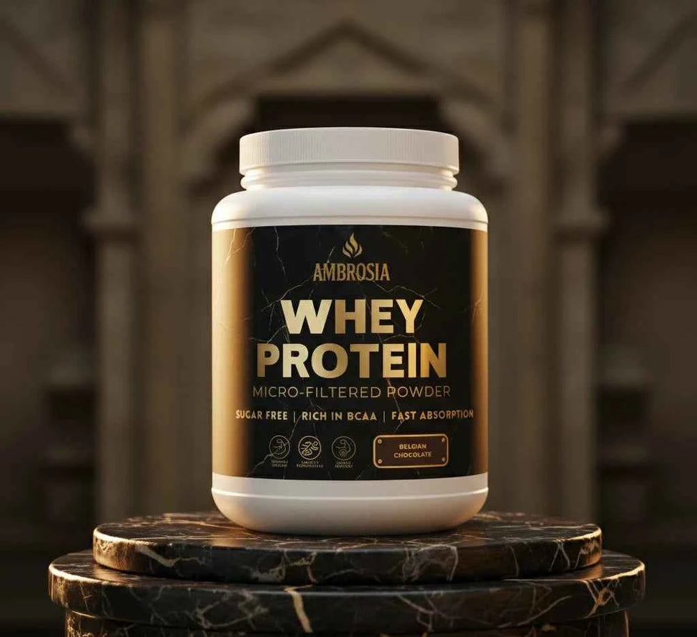 AMBROSIA Micro-Filtered Whey Protein in Belgian Chocolate. Sugar-free supplement rich in BCAAs for fast muscle recovery.