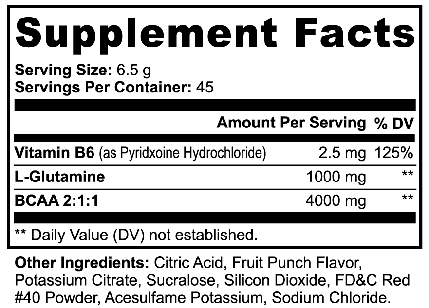 Supplement Facts for AMBROSIA BCAA - 4000mg BCAA 2:1:1 and 1000mg L-Glutamine per serving.