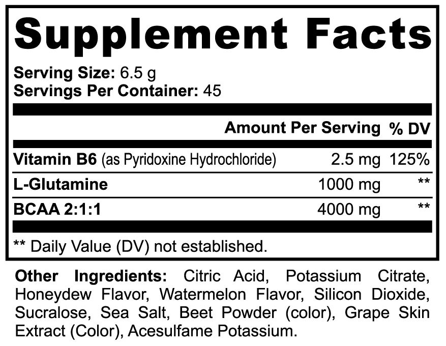 Supplement Facts for AMBROSIA BCAA Watermelon - Includes L-Glutamine and 2:1:1 BCAA Ratio.