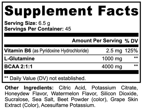 Supplement Facts for AMBROSIA BCAA Watermelon - Includes L-Glutamine and 2:1:1 BCAA Ratio.