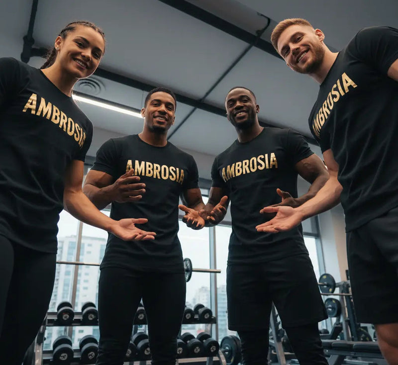 A diverse group of elite athletes wearing black and gold AMBROSIA apparel, representing our global fitness tribe and community.
