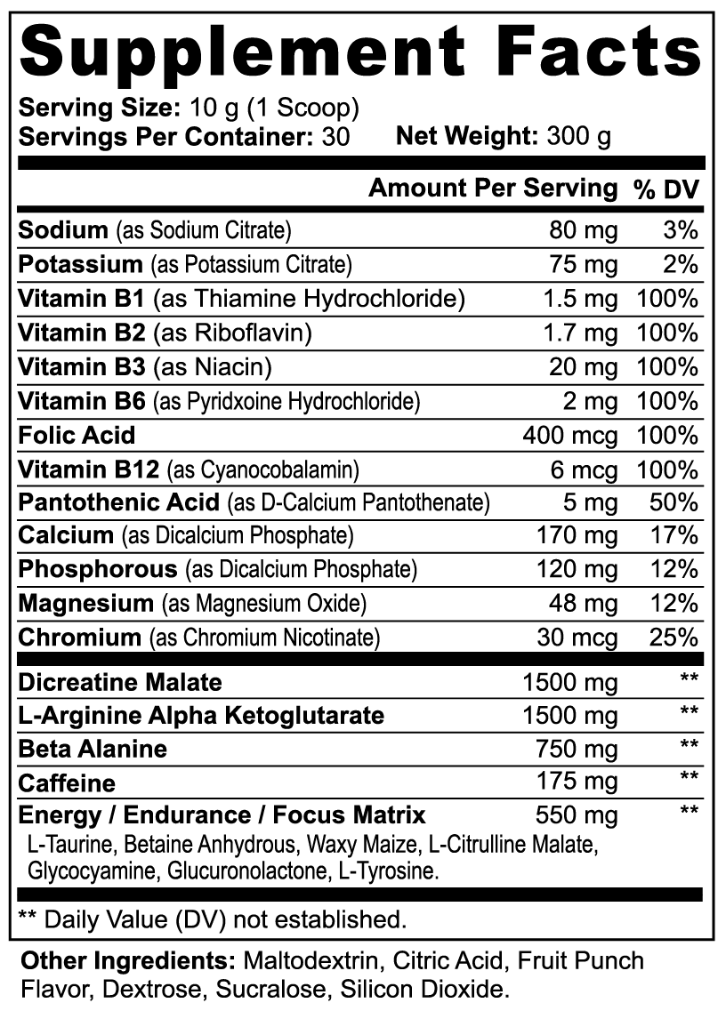 Nutrition facts for AMBROSIA Nitric Shock - Energy and Focus Matrix including L-Taurine and L-Tyrosine.