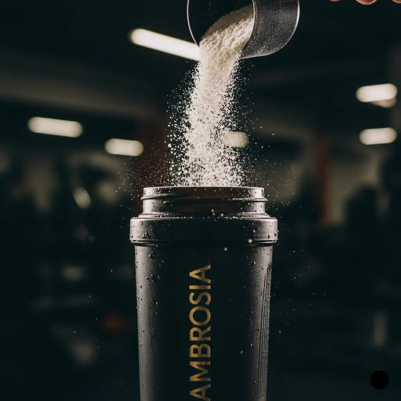 Close-up of pure supplement powder being poured from a scoop into an AMBROSIA shaker, illustrating our zero-compromise ingredient policy.
