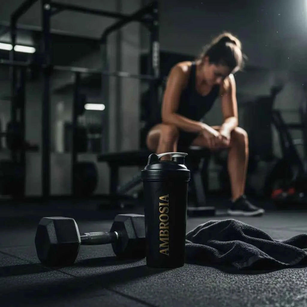 Female athlete resting in a gym with an AMBROSIA shaker and dumbbell, showcasing the ideal post-workout recovery.