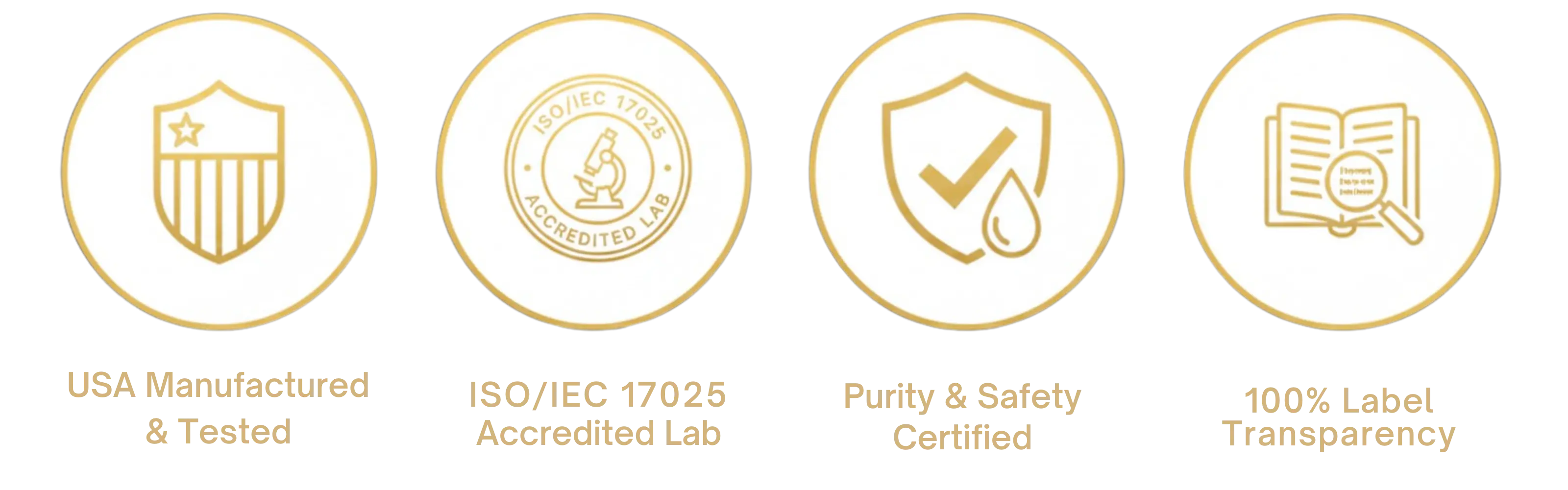 AMBROSIA supplement trust badges: USA Manufactured & Tested, ISO Accredited Lab, Purity & Safety Certified, and 100% Label Transparency.